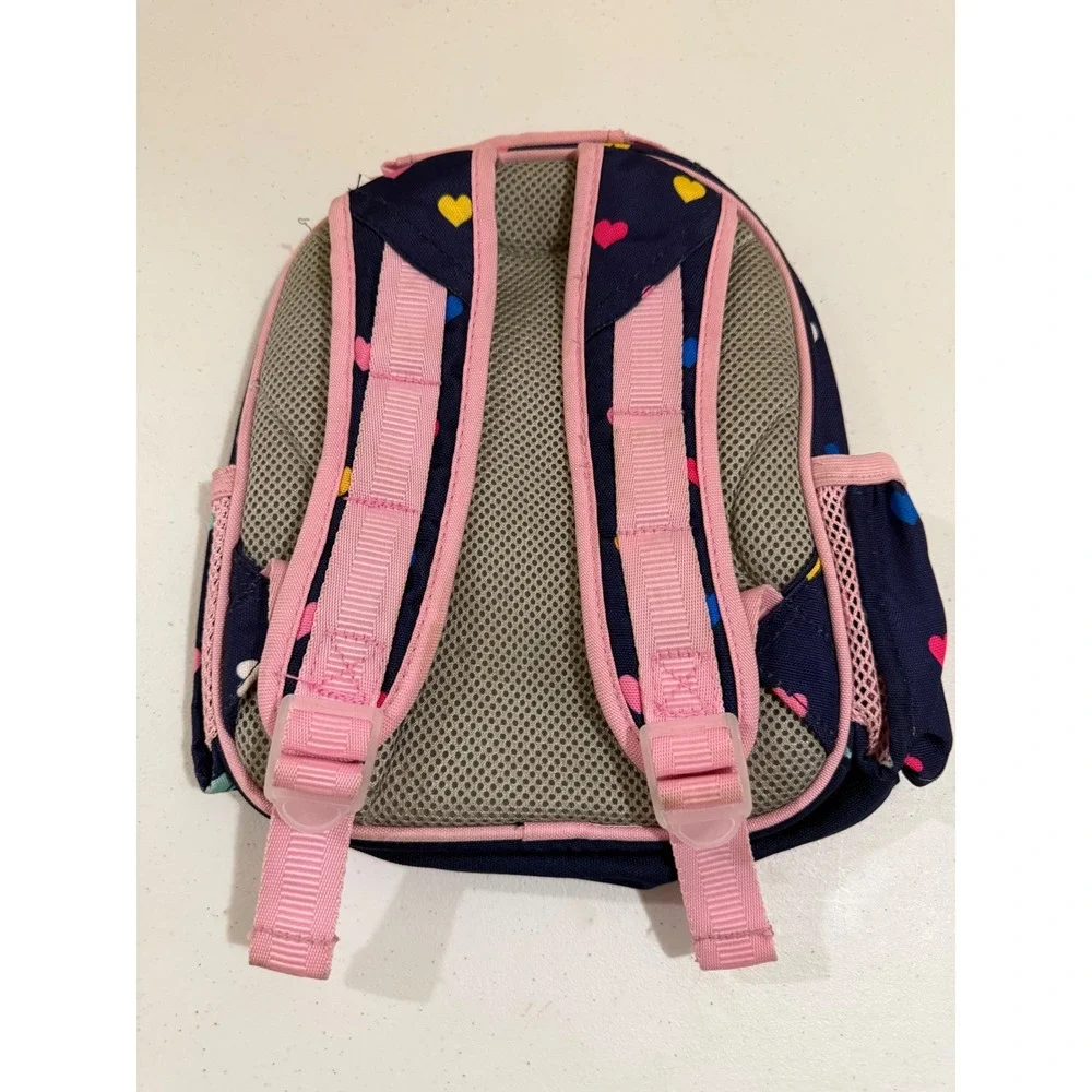 Pottery Barn Kids Navy Blue Multi Heart Print Mini Backpack Pink Trim Buckles